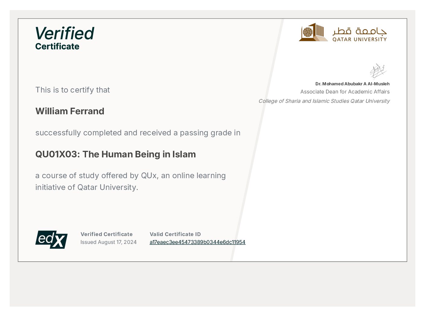 Certificate: The Human Being in Islam