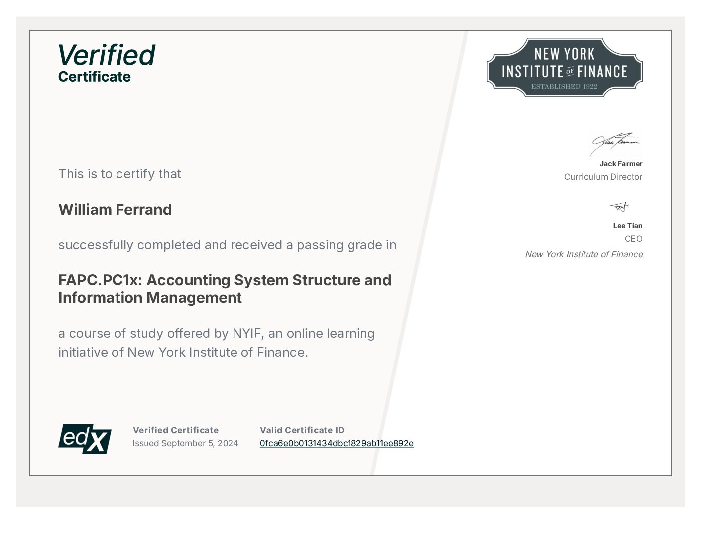 Certificate: Accounting System Structure and Information Management