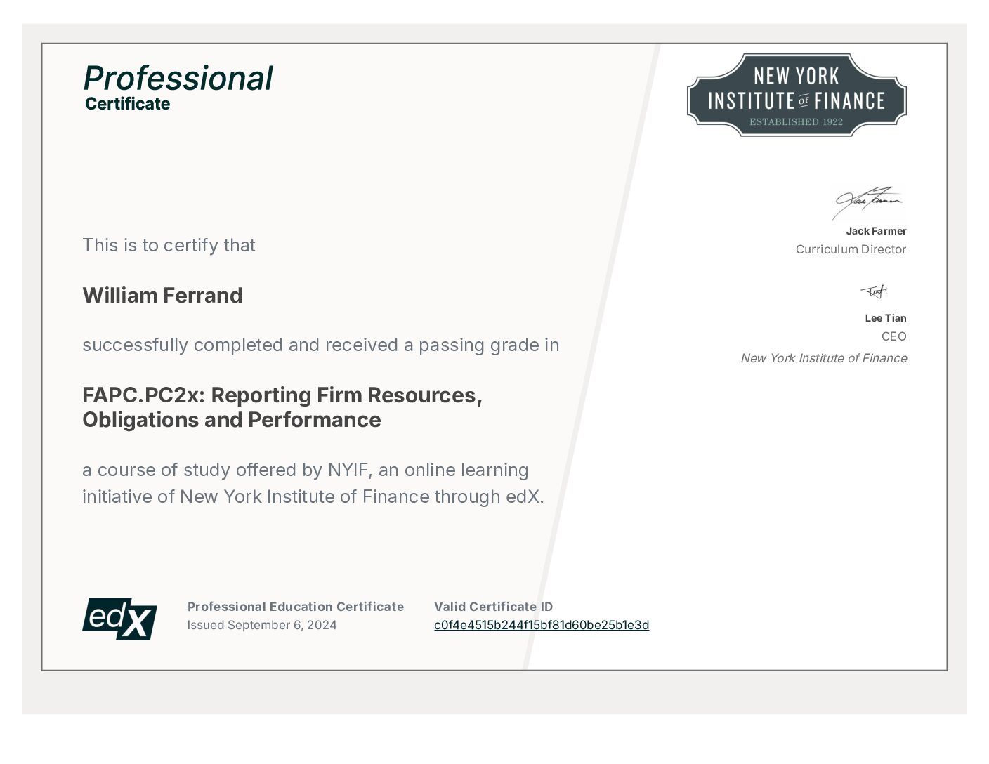 Certificate: Reporting Firm Resources, Obligations and Performance