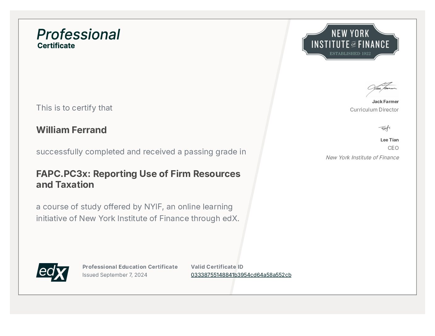 Certificate: Reporting Use of Firm Resources and Taxation