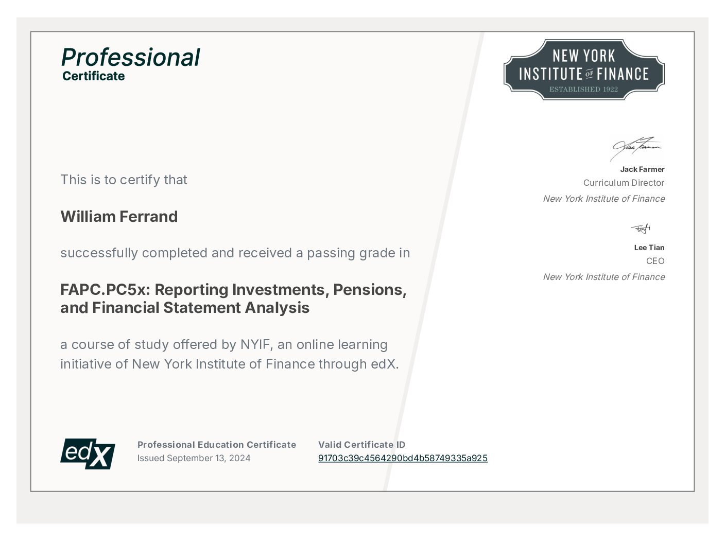 Certificate: Investments, Pensions, and Financial Statement Analysis