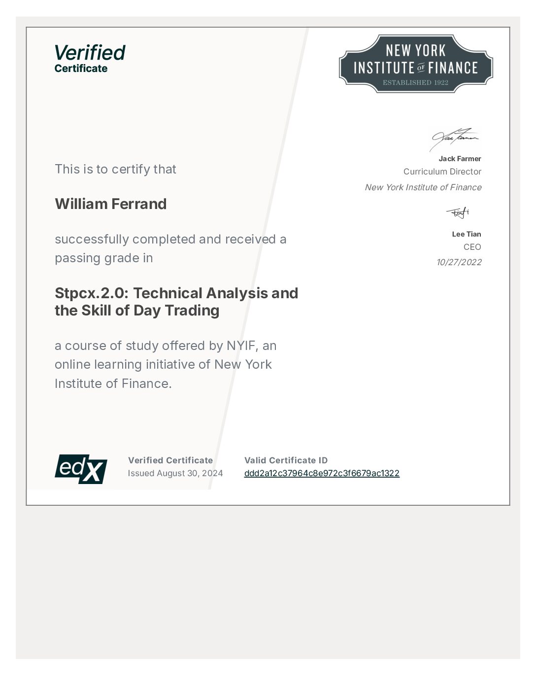 Certificate: Technical Analysis and the Skill of Day Trading