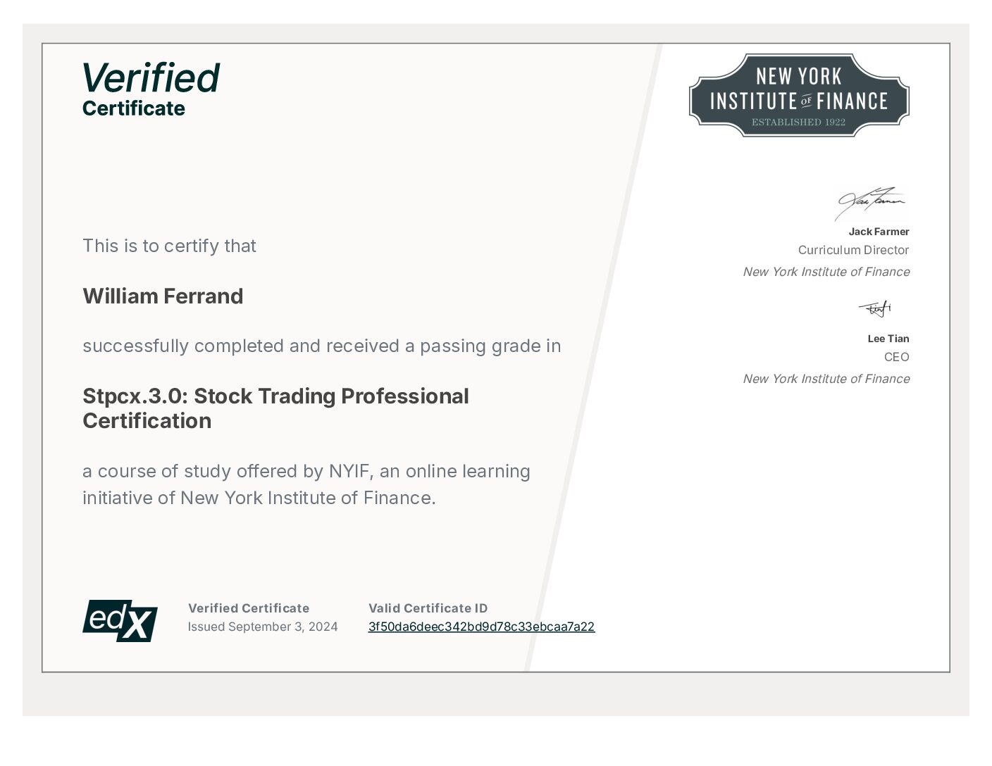 Certificate: Stock Trading, Professional Certification