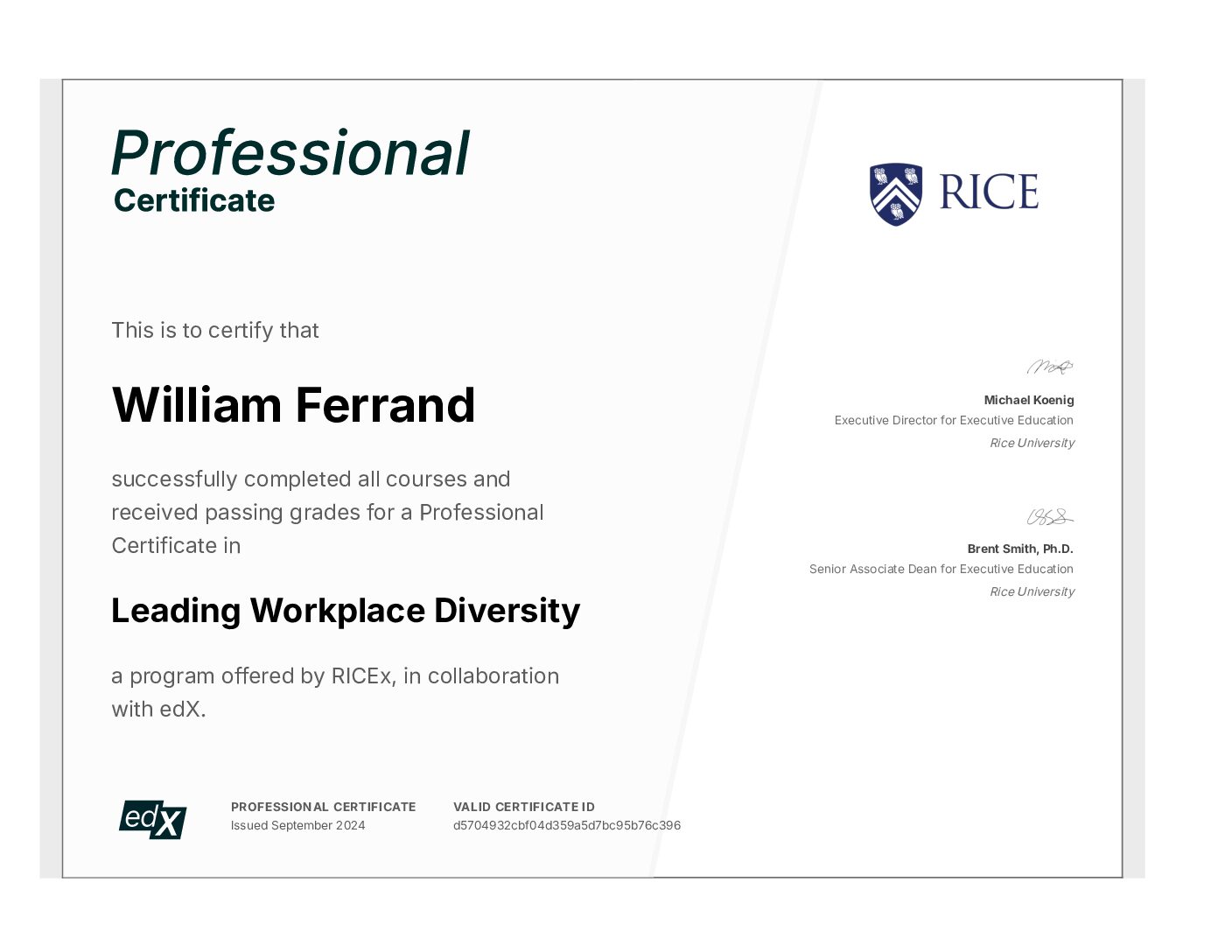 Certificate: Leading Workplace Diversity, Professional Certificate